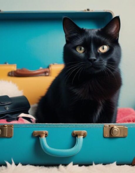 Black cat in a suitcase for cat transportation in Boston, MA
