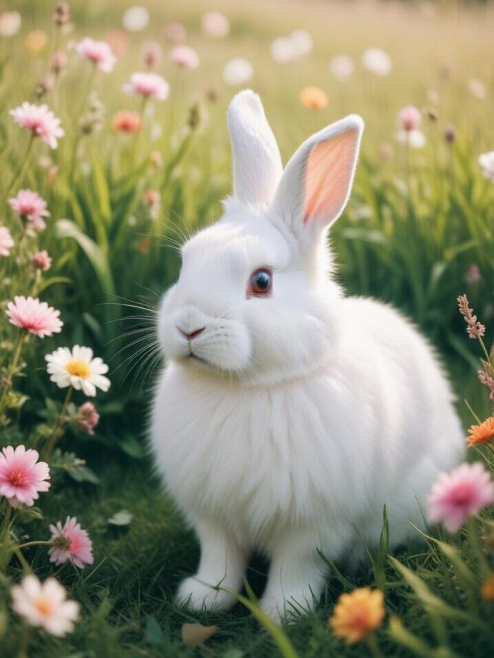 White rabbit in a flower field, representing small mammal transportation planning