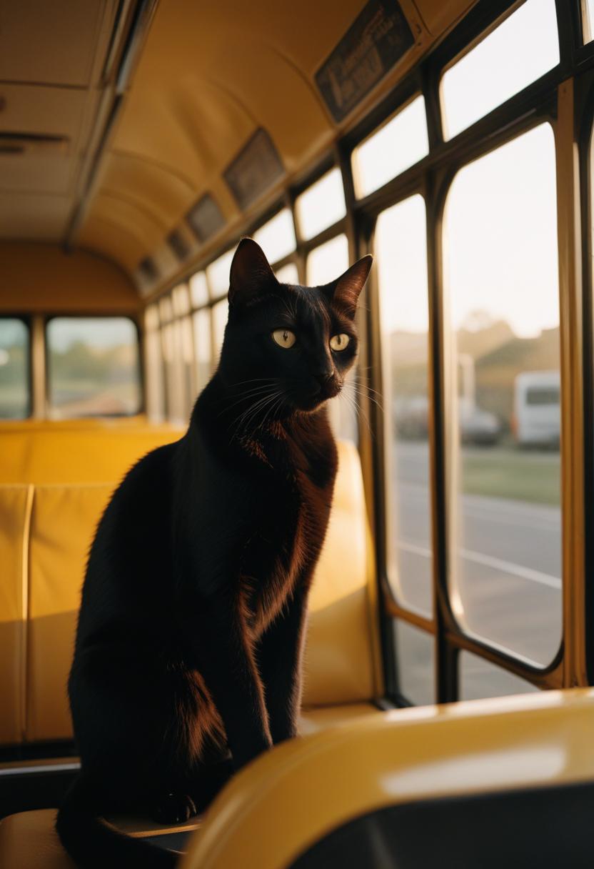 Black cat sitting on a bus seat by a window, representing Cincinnati pet transportation and ground travel planning