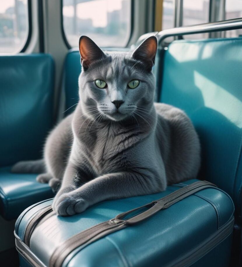 Austin pet transportation planning with a cat traveling on a seat beside luggage