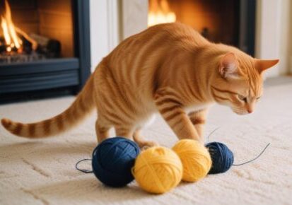 Cat transportation planning in Columbus, OH – orange cat playing with yarn at home before travel day