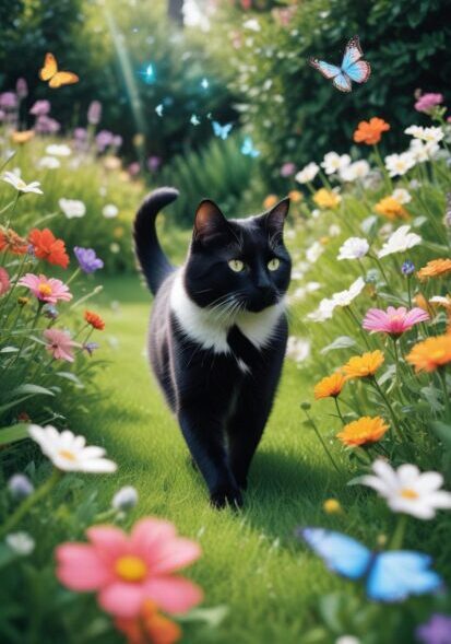Black-and-white cat walking through a garden, representing cat transportation services in Detroit, MI