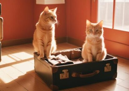 Cat transportation in Los Angeles, California – two cats sitting in a suitcase during travel preparation