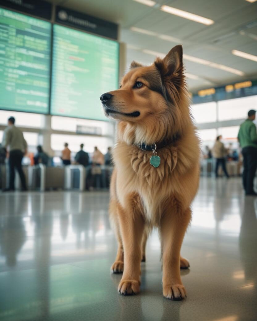 Dog standing in an airport terminal near flight information boards for pet transportation in Detroit, MI