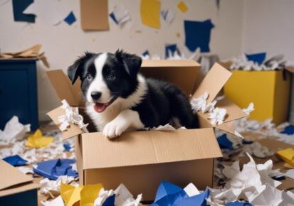 Dog relocation planning in Houston, Texas – puppy sitting in a cardboard box during a move