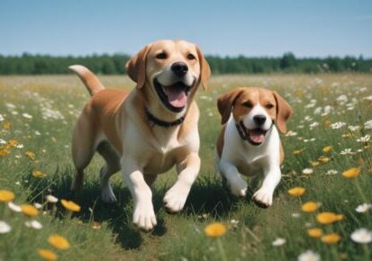 Two dogs running outdoors representing dog transportation services in Charlotte, NC