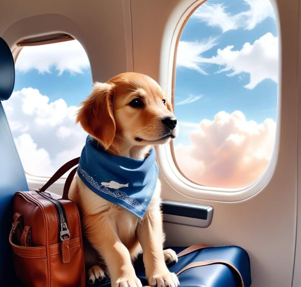 Dog air travel planning in Chicago, Illinois – small dog sitting by an airplane window with a travel bag