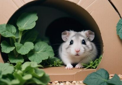 Small pet transportation planning in Houston, Texas – hamster in a carrier-style setup surrounded by greenery