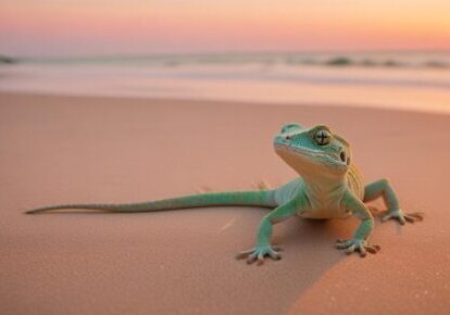 Small lizard on sand at sunset, representing reptile and exotic pet transport services in Detroit, MI