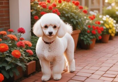 Small white dog standing on a walkway near flowers, representing dog transportation in Detroit, MI