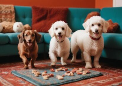 Two puppies and a small dog indoors, representing Cincinnati dog transportation and pet relocation services