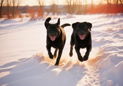 Two dogs running through snow, representing winter-safe pet transportation services in Anchorage, Alaska