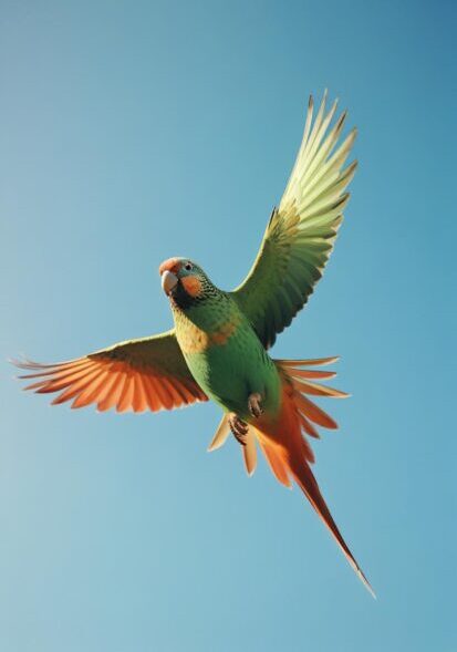 Colorful bird flying against a blue sky, representing coordinated bird transportation planning in San Diego, California