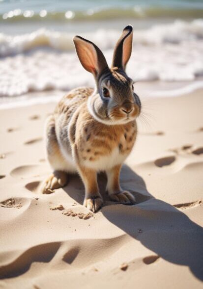 Small pet transportation in Miami, Florida – rabbit sitting on a beach before relocation travel