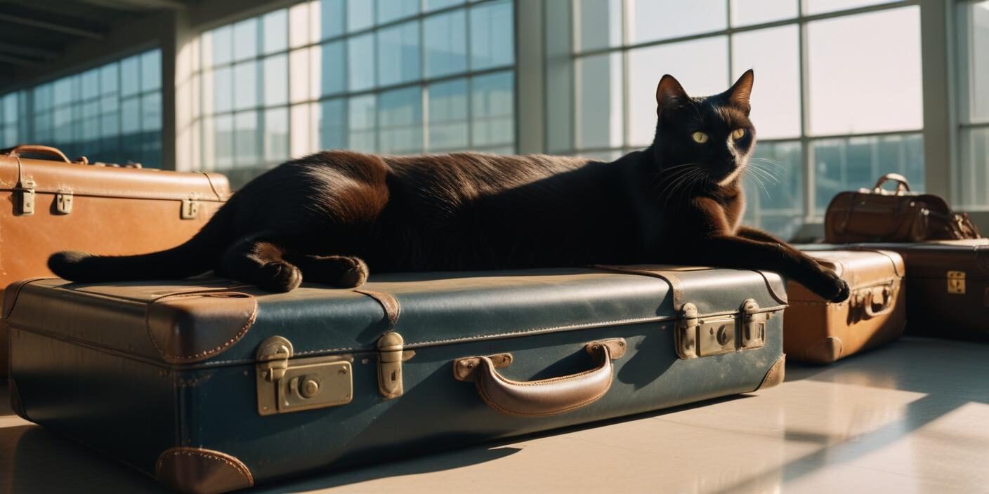 Black cat resting on a suitcase inside Anchorage airport, representing professional pet transportation and relocation services in Alaska