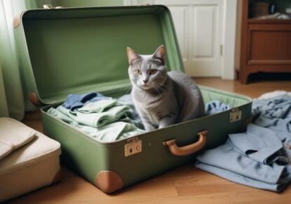 Cat in suitcase preparing for pet transportation to and from The Bahamas