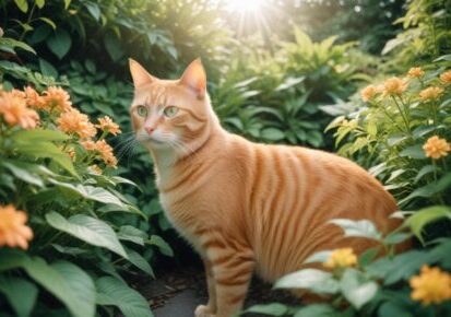 Cat standing in a garden surrounded by greenery and flowers