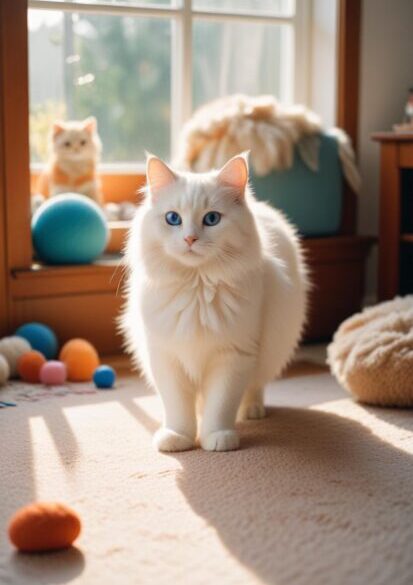 White cat indoors near a window, representing cat transportation planning in San Francisco