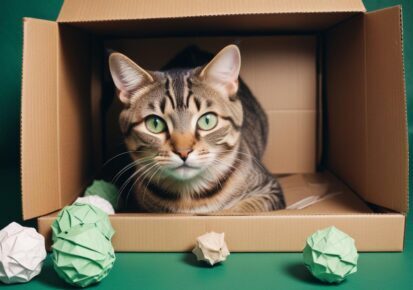 Cat sitting in a box like a carrier, representing cat transportation planning in Phoenix, AZ