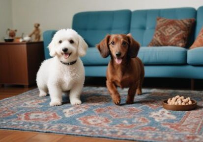 Two dogs sitting indoors in a living room setting