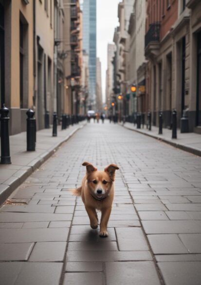 Dog walking through a city street representing pet transportation services in Salt Lake City, Utah
