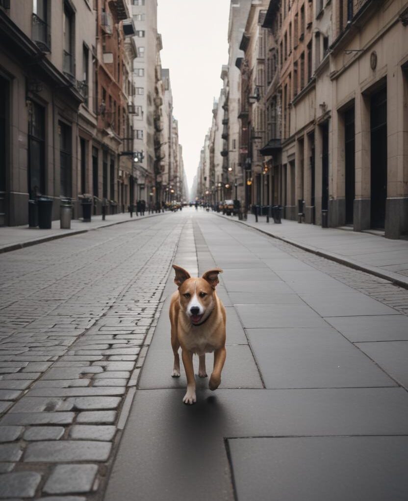 Dog walking along a city street, representing planned ground pet transportation and relocation services