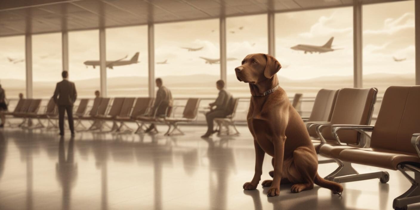Dog sitting in an airport terminal in Phoenix, AZ, ready for pet transportation