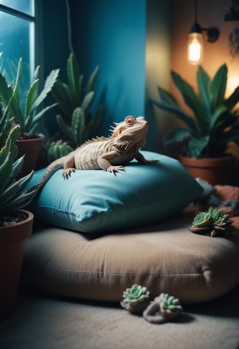 Bearded dragon resting indoors, representing professional reptile and exotic pet transportation services in Orlando, Florida