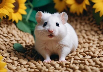 Small white hamster on bedding near flowers, representing small mammal transportation planning