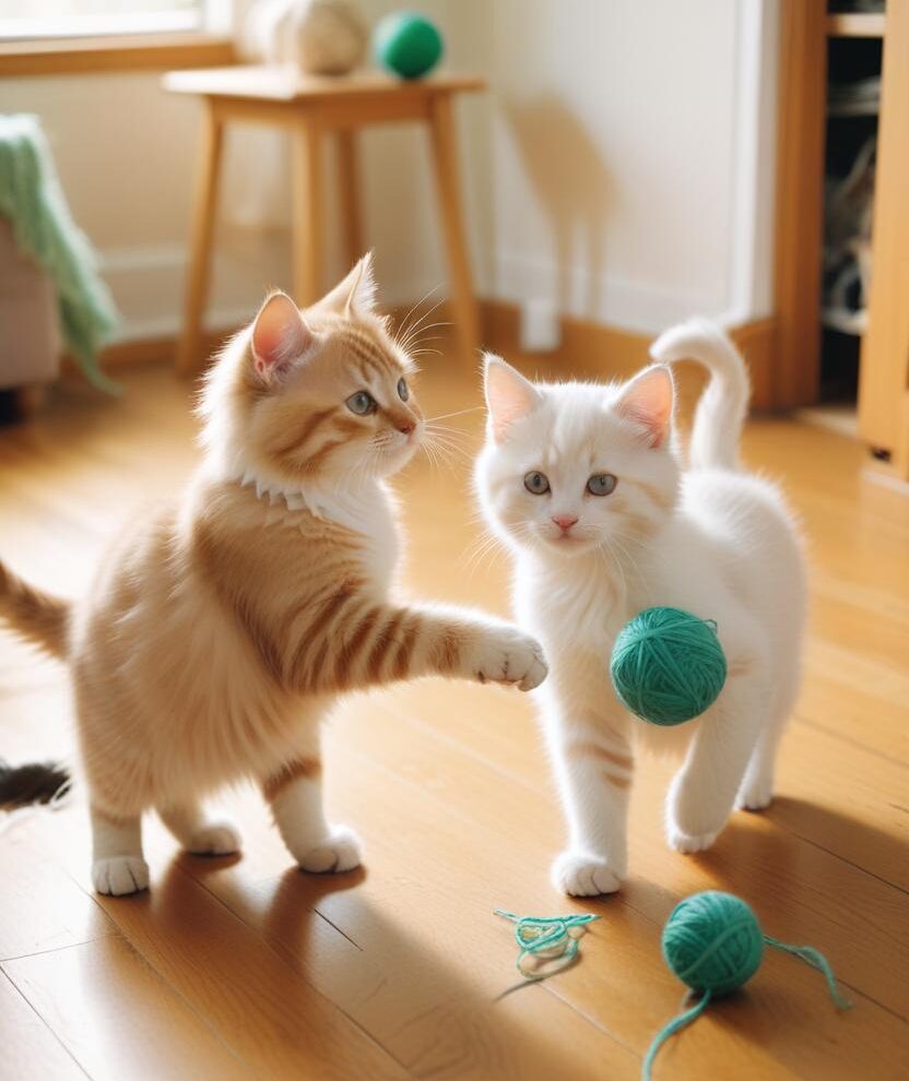 Pet travel preparation in Miami, Florida – two cats playing with yarn before relocation