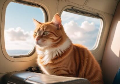 Air pet transportation with cat traveling safely on an airplane