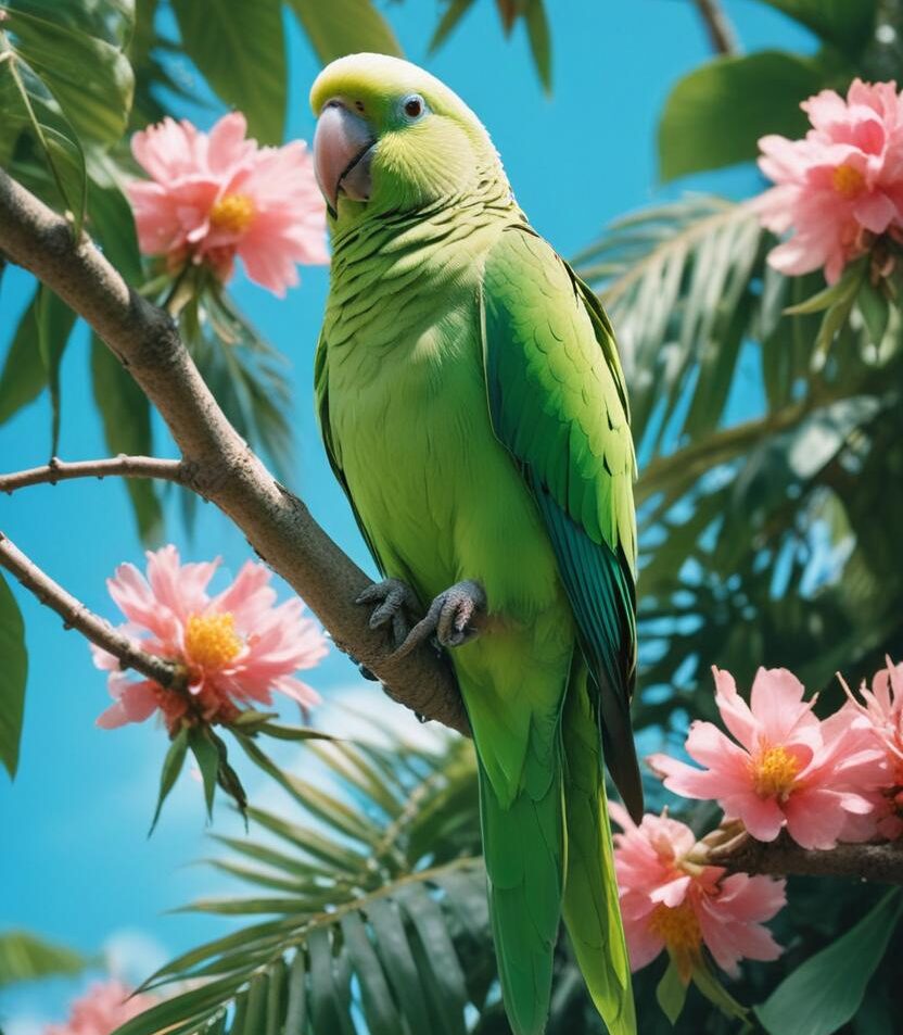 Green parrot perched on a branch, representing exotic pet transportation and international pet relocation services in Anchorage, Alaska