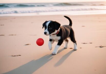 Puppy playing on the beach, representing dog transportation and pet relocation services from Anchorage, Alaska
