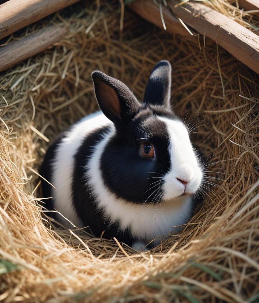 Black and white rabbit sitting in straw bedding, representing small mammal transportation planning