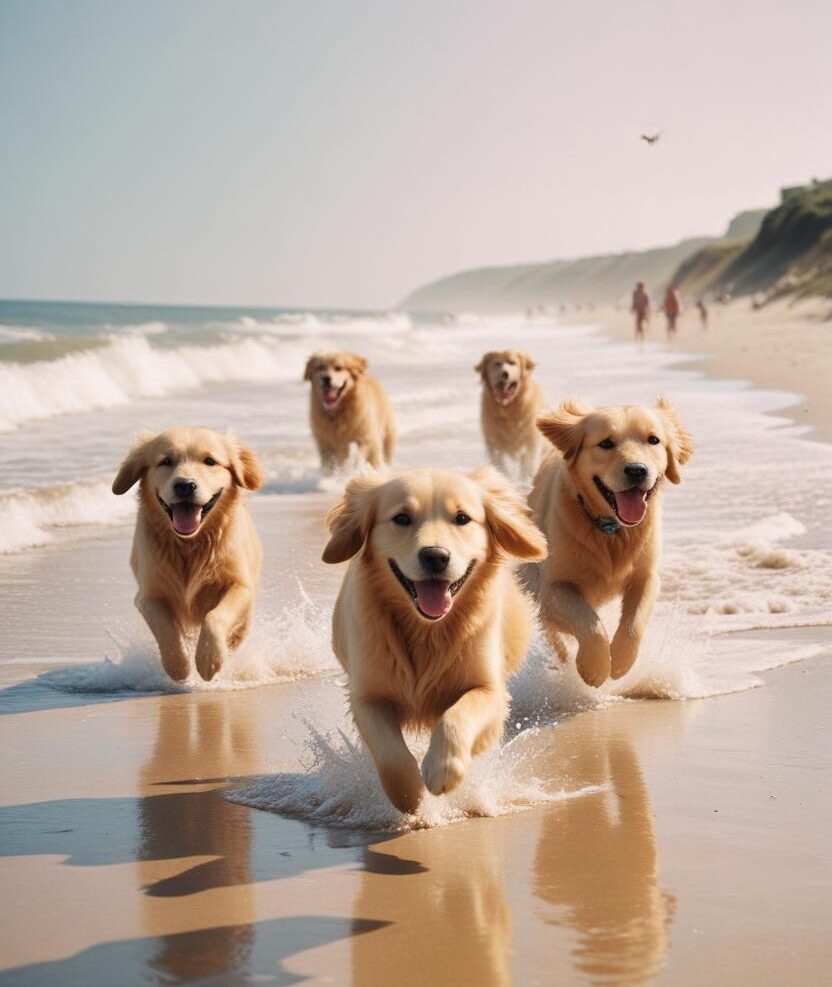 Dog transportation planning in Seattle, Washington – golden retrievers running on a beach representing pet relocation support