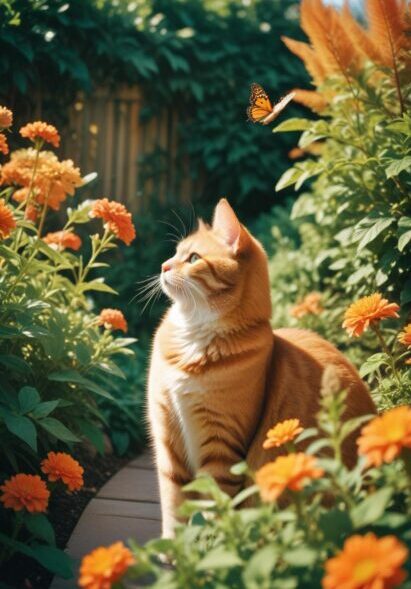 Orange cat outdoors in a garden, representing professional cat transportation planning in Orlando, Florida