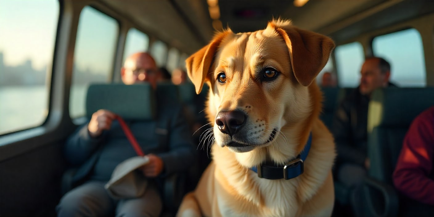 A golden dog sitting among passengers on a train