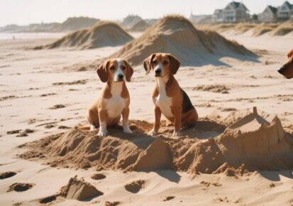 Pet relocation services in Brooklyn, NY – two dogs sitting on a sandy beach during a trip