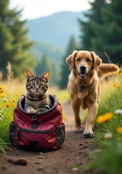 Pet relocation services in Brooklyn, NY – a tabby cat in a red backpack beside a golden retriever on a trail