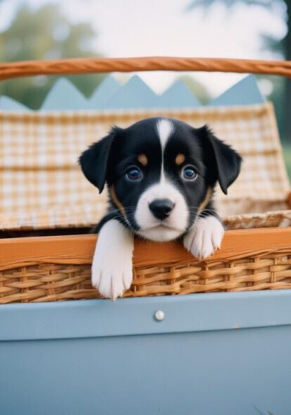 Pet relocation planning in Chicago, Illinois – puppy in a travel basket ready for transport