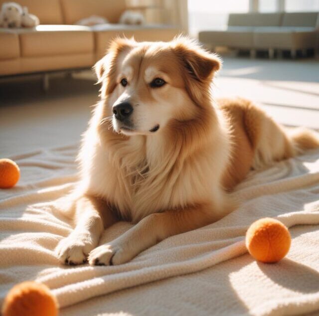 Dog resting calmly at home before pet transportation from Denver, Colorado
