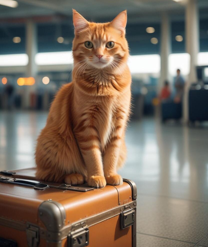 Cat at airport with luggage preparing for pet transportation to and from Hawaii