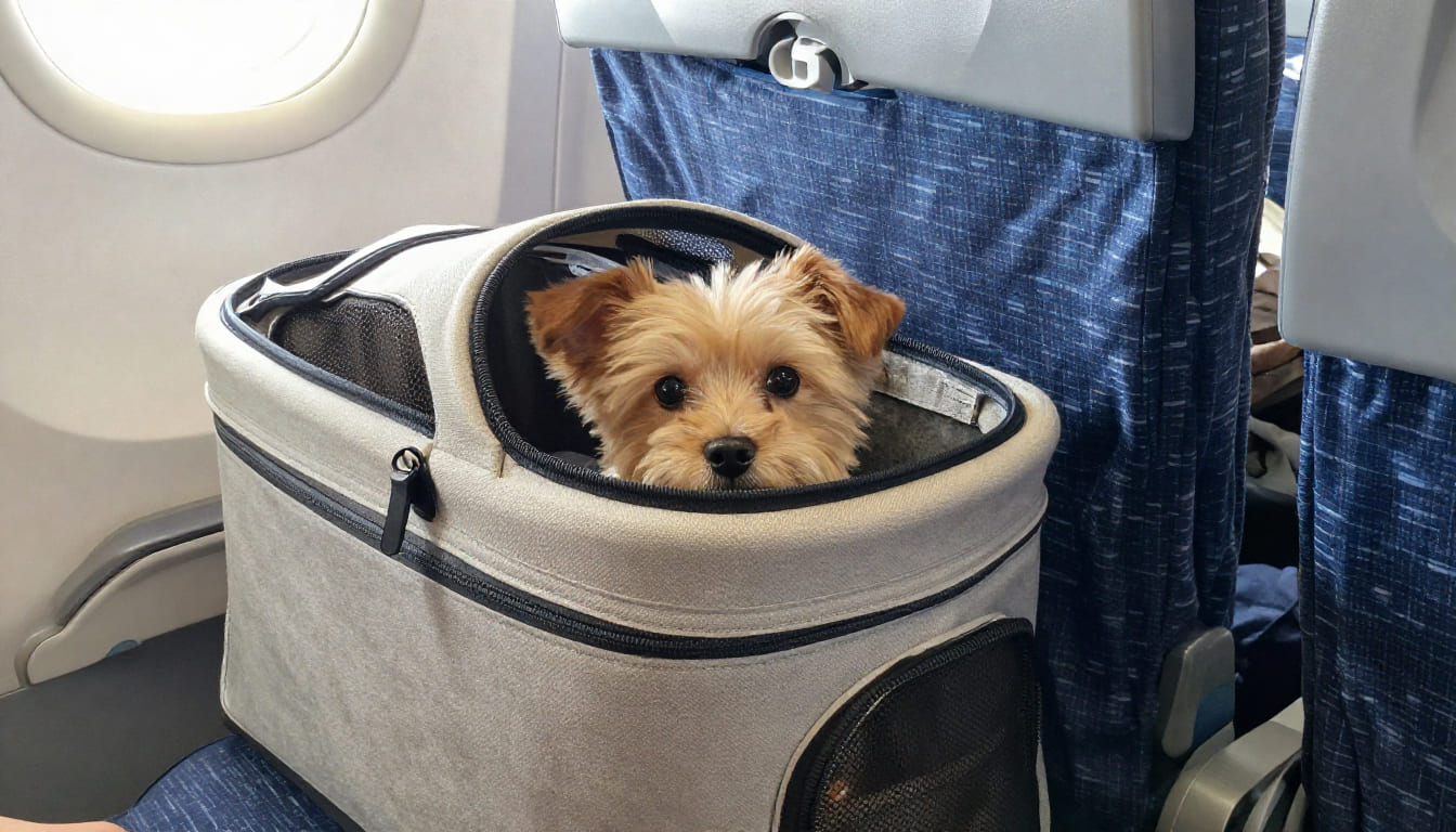 Small dog peeking out of a soft-sided carrier tucked under an airplane seat in a bright cabin