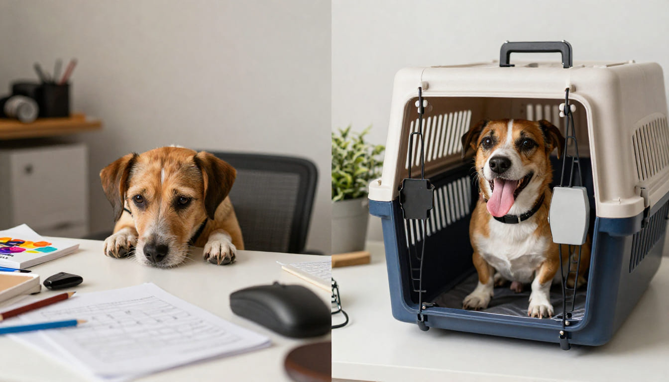 Split image comparing a messy desk with scattered papers and a confused dog to a tidy desk with an organized travel crate and a happy dog