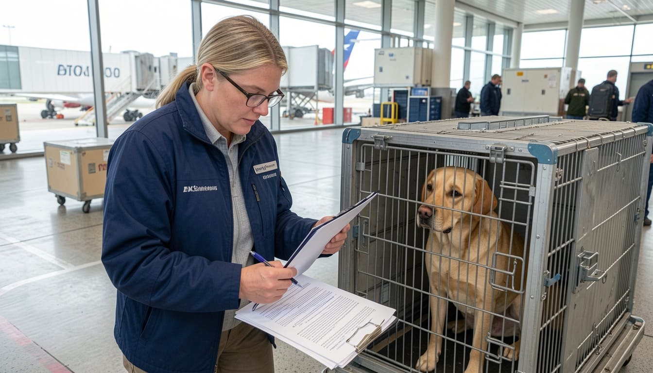 Pet relocation specialist checking documents beside an airline travel crate with a Labrador inside at a cargo facility
