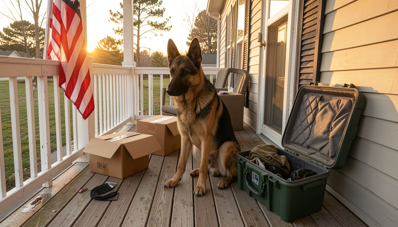 German Shepherd sitting beside moving boxes and a folded American flag on a front porch with a travel crate nearby