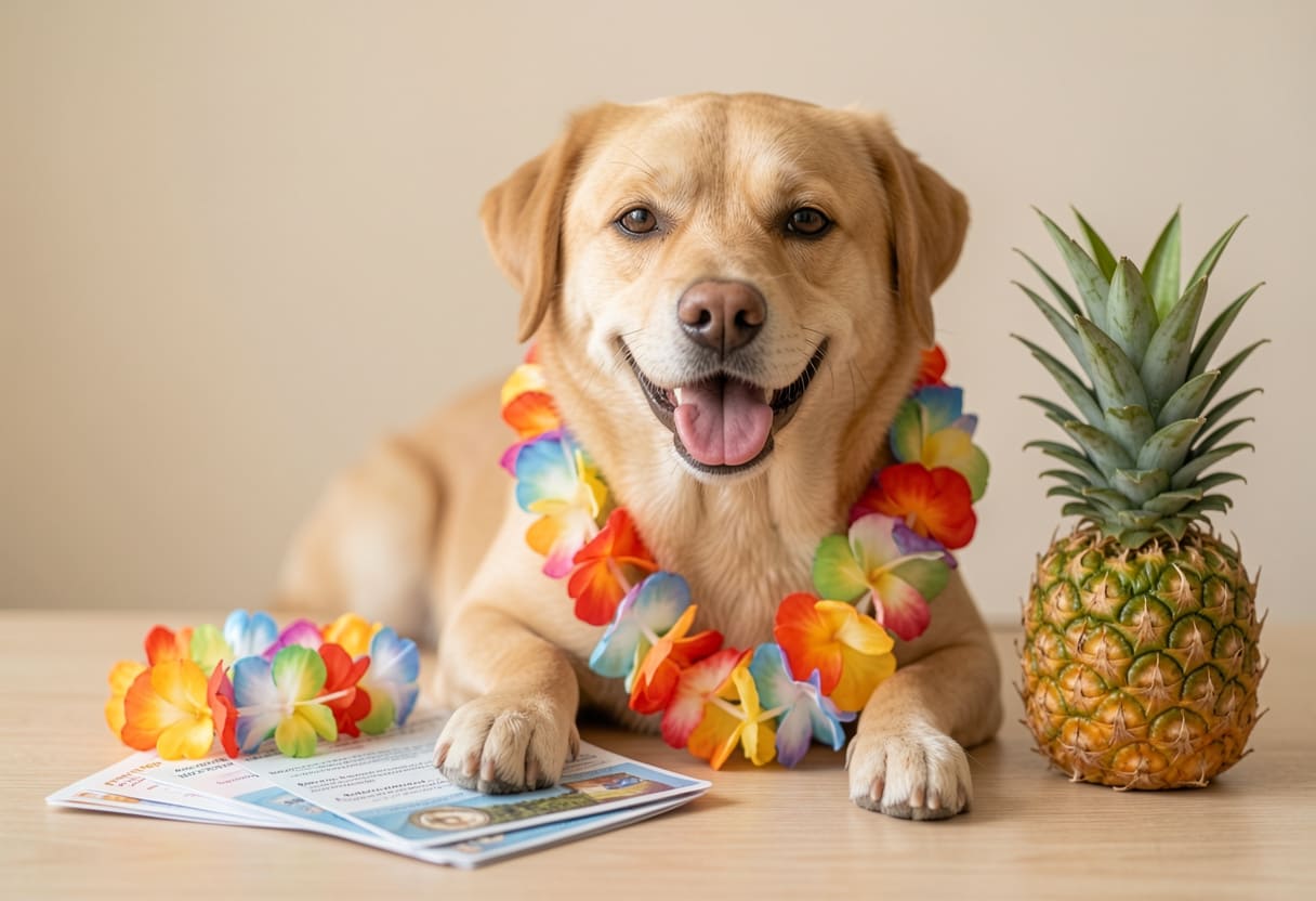 Dog with Hawaiian items and travel papers