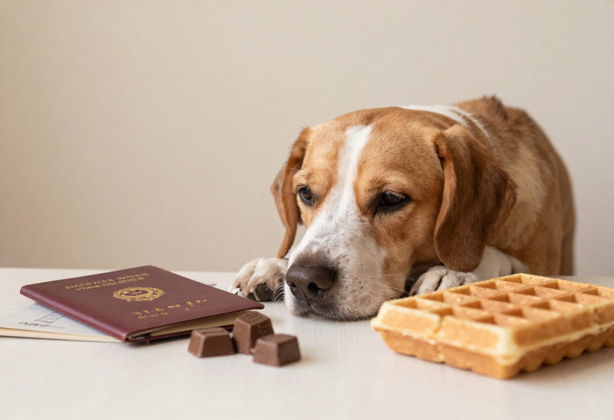 Dog with Belgian items and travel papers