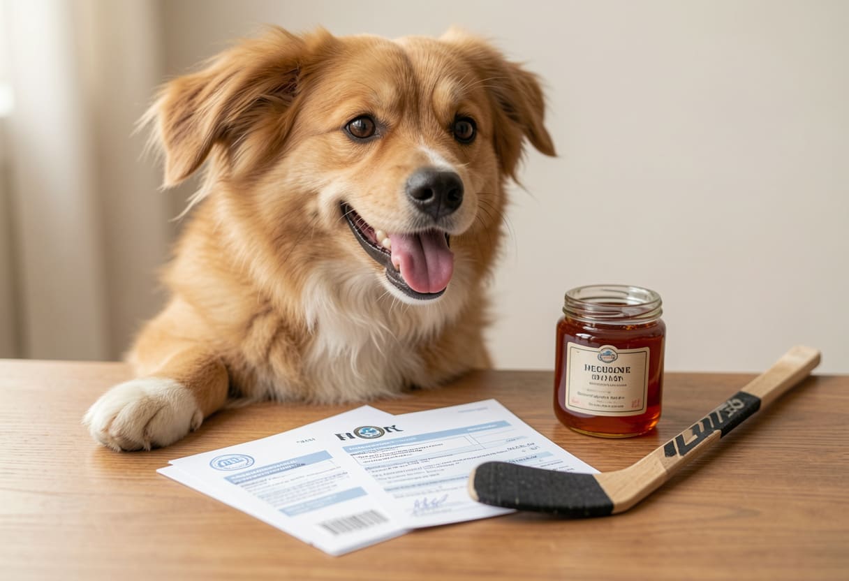 Dog with Canadian items and travel papers
