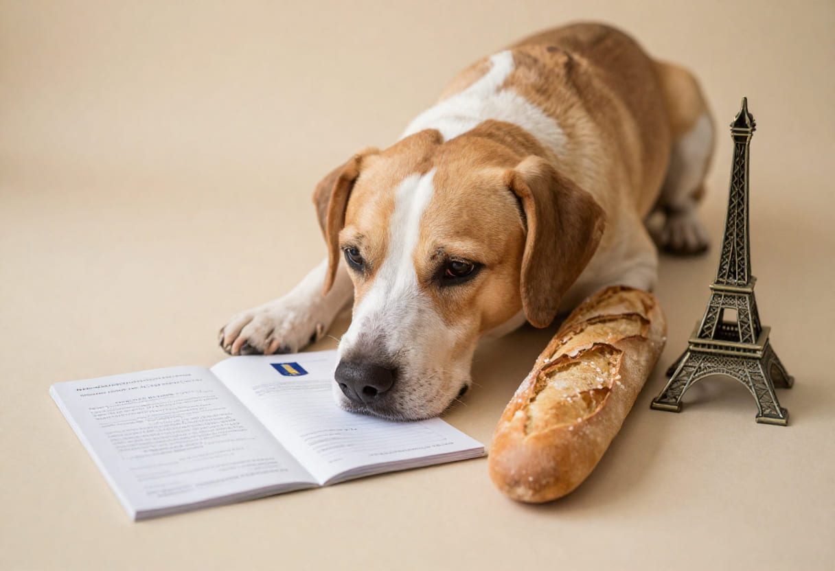Dog with French items and travel papers